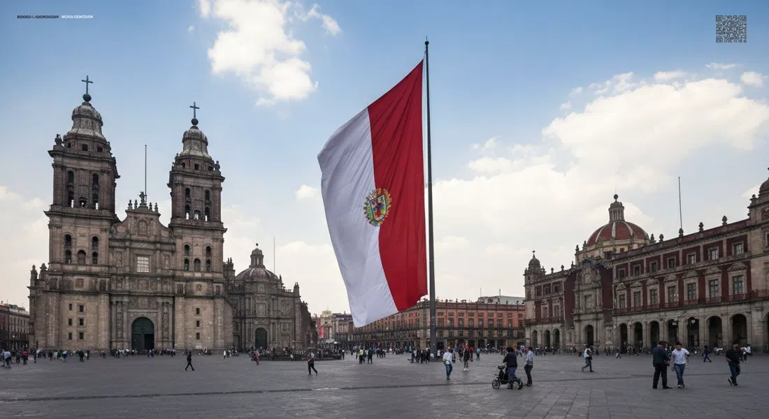 the Zócalo in Mexico City at midday, the giant flag unfurling over the square with the Metropolitan Cathedral and Palacio Nacional at either side