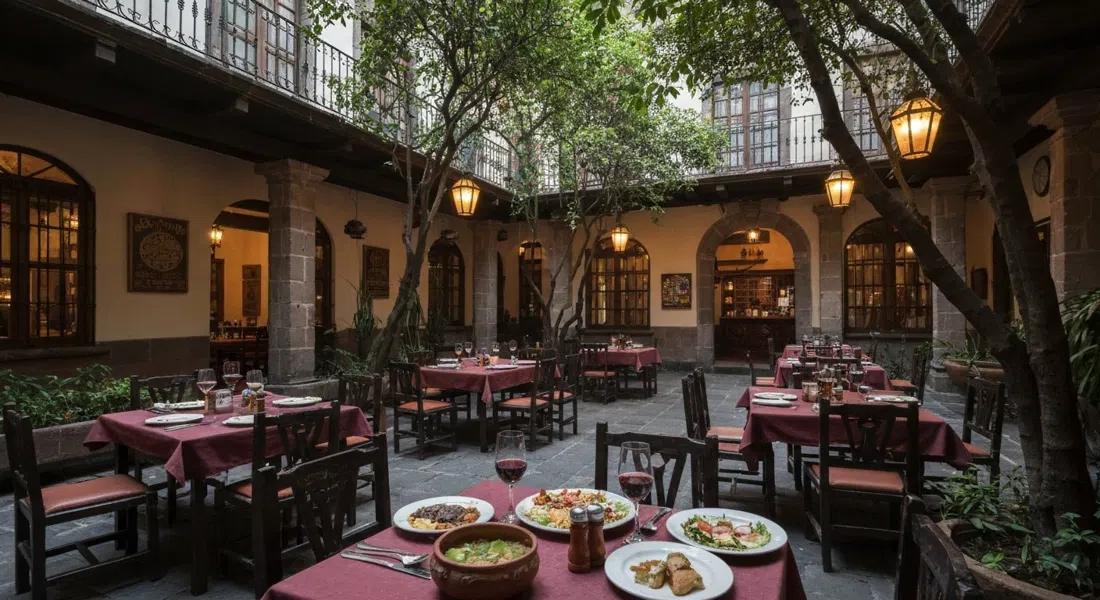 the lantern-lit courtyard at Azul Histórico inside the Downtown Mexico hotel, tables under trees with traditional Mexican dishes on the table