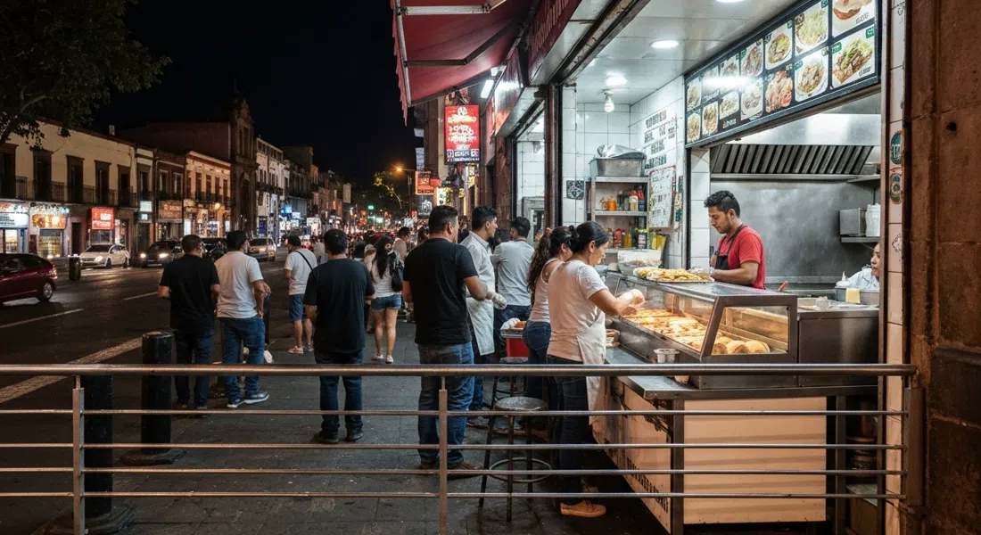 the busy late-night counter at Los Cocuyos on Bolívar, suadero tacos being assembled under harsh street lights