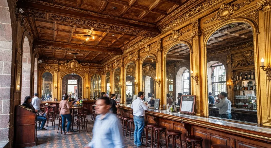 the ornate interior of Bar La Ópera on 5 de Mayo, gilded wood, mirrors and the ceiling bullet hole visible above the bar
