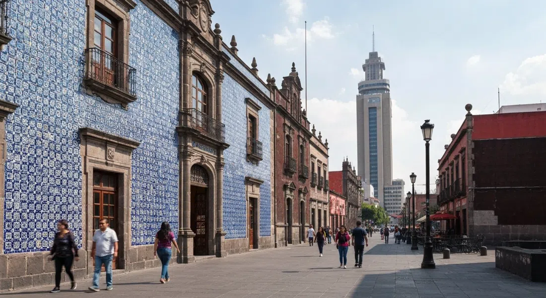 Calle Madero in daylight near the blue-tiled Casa de los Azulejos, pedestrians moving past the historic facade toward the Torre Latinoamericana