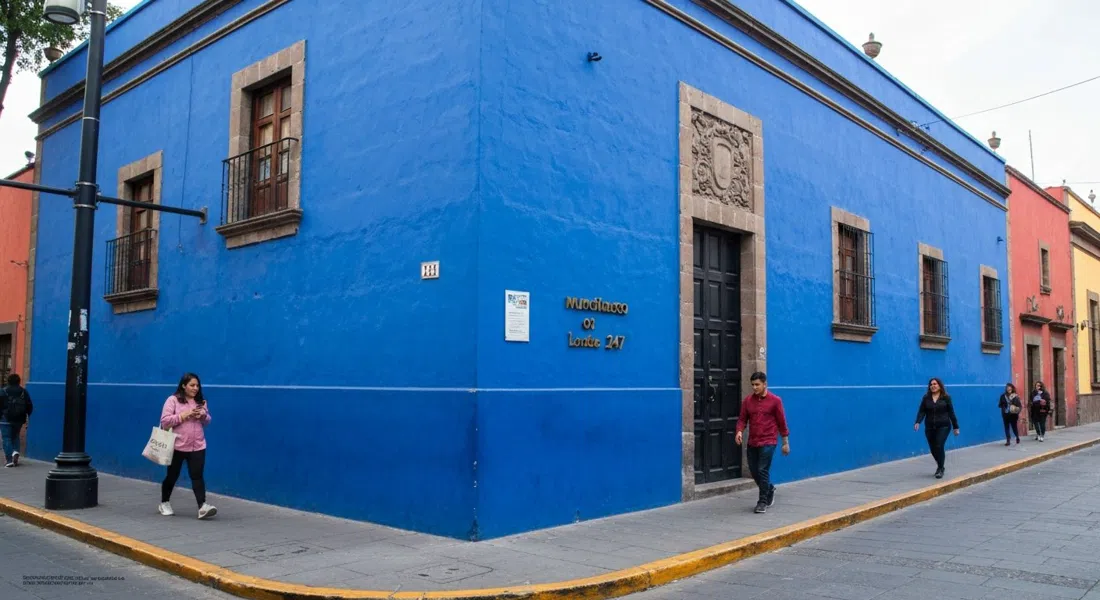 the cobalt-blue exterior of Museo Frida Kahlo on Londres 247, framed tightly at street level in soft morning light