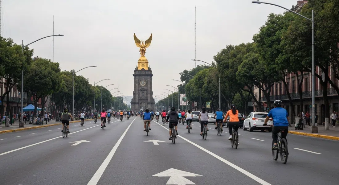 Paseo de la Reforma in Juárez at Sunday morning Muévete en Bici, cyclists and runners moving car-free past the golden Ángel de la Independencia under clear light