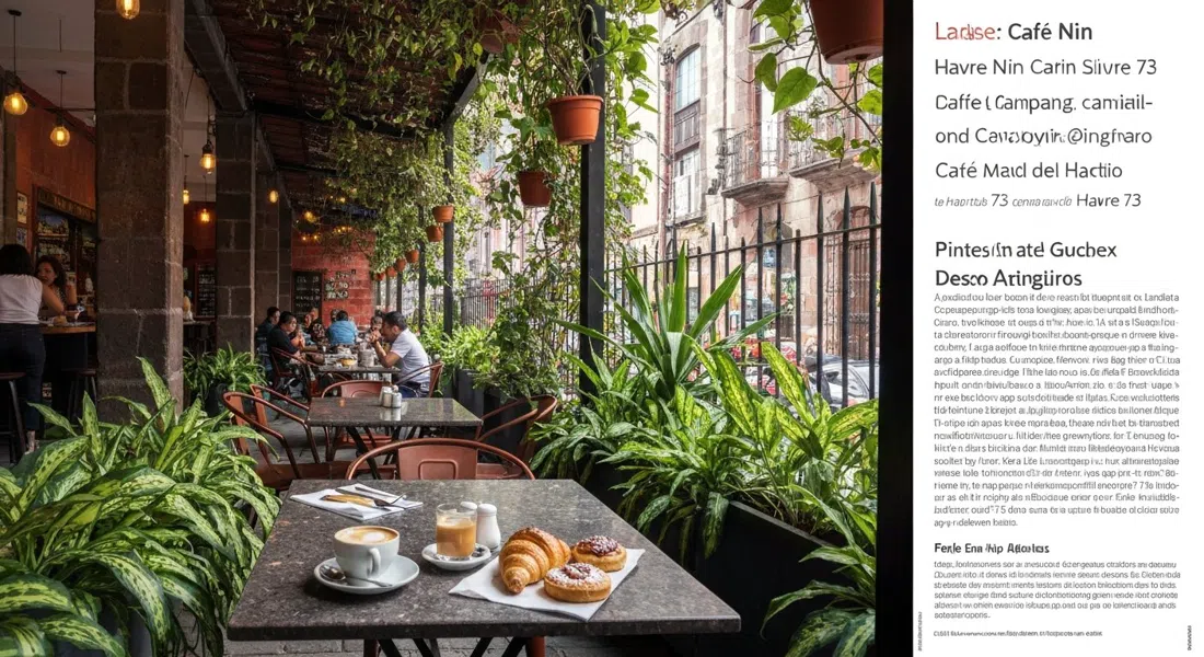 the plant-filled patio at Café Nin on Havre 73, pastries and coffee on a morning table with soft daylight filtering through greenery