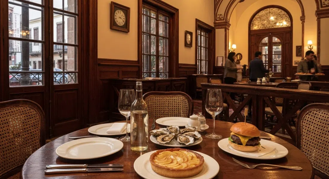 the elegant dining room at Havre 77 inside an old mansion, with a table set for Baja oysters, a burger and apple tarte tatin under warm evening light