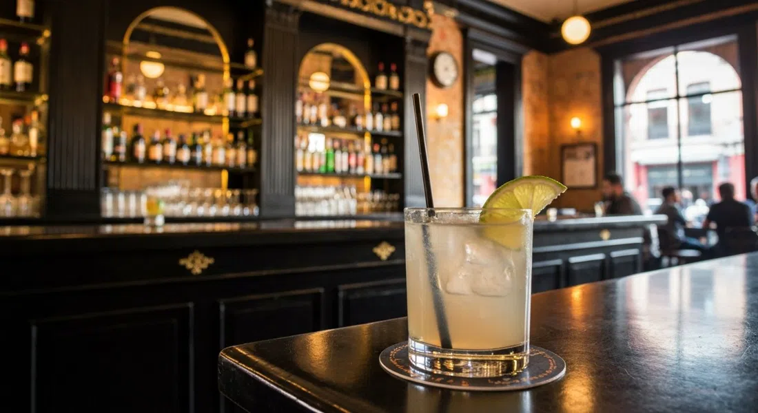 the black-and-gold Art Deco interior of Handshake Speakeasy, a mezcal cocktail on the bar beneath warm low lighting and polished surfaces