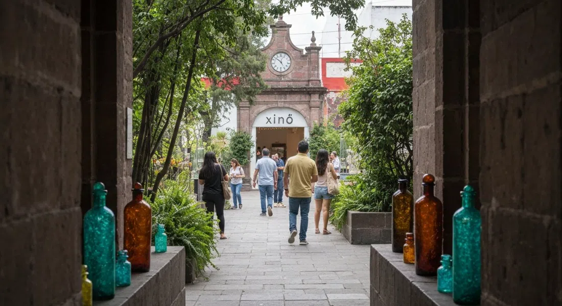 Xinú on Marsella seen through its garden approach, a hushed perfume atelier with sculptural blown-glass bottles and green foliage in soft daylight