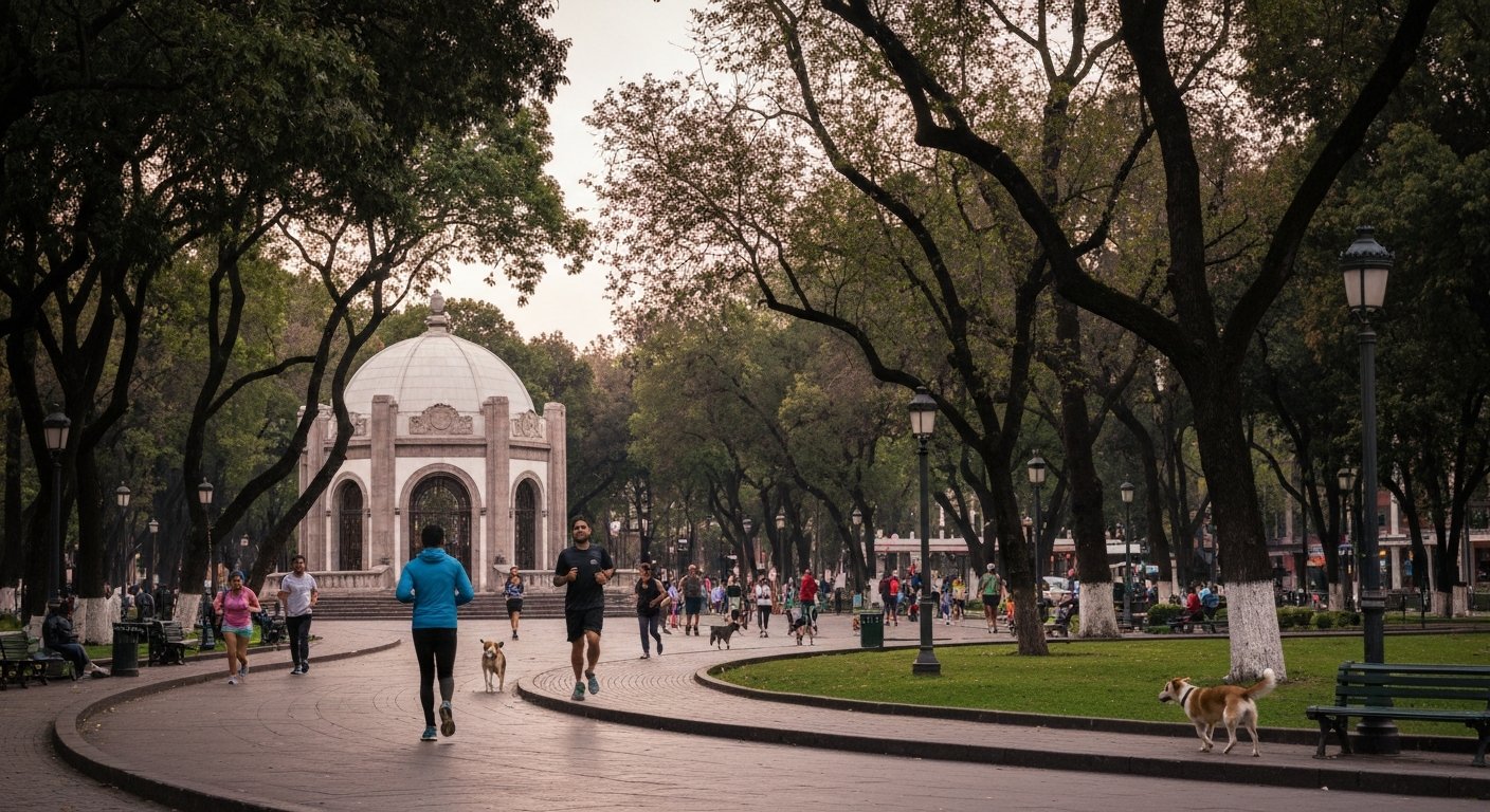 Parque México in Condesa at late afternoon, joggers circling the curving paths, dogs on and off leash, and the Art Deco bandshell under the trees