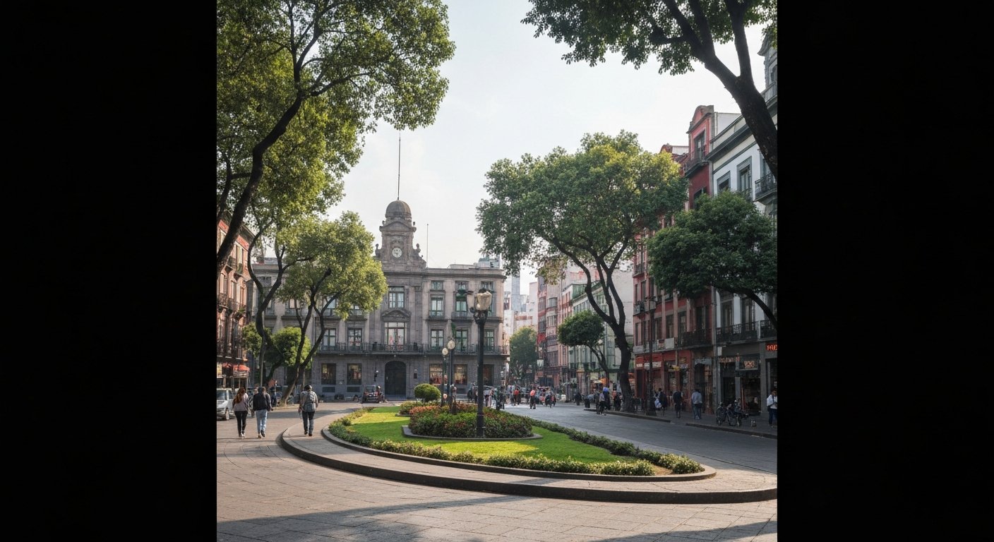 Avenida Amsterdam’s tree-lined oval in Condesa, the planted median and Art Deco apartment facades curving away in soft morning light