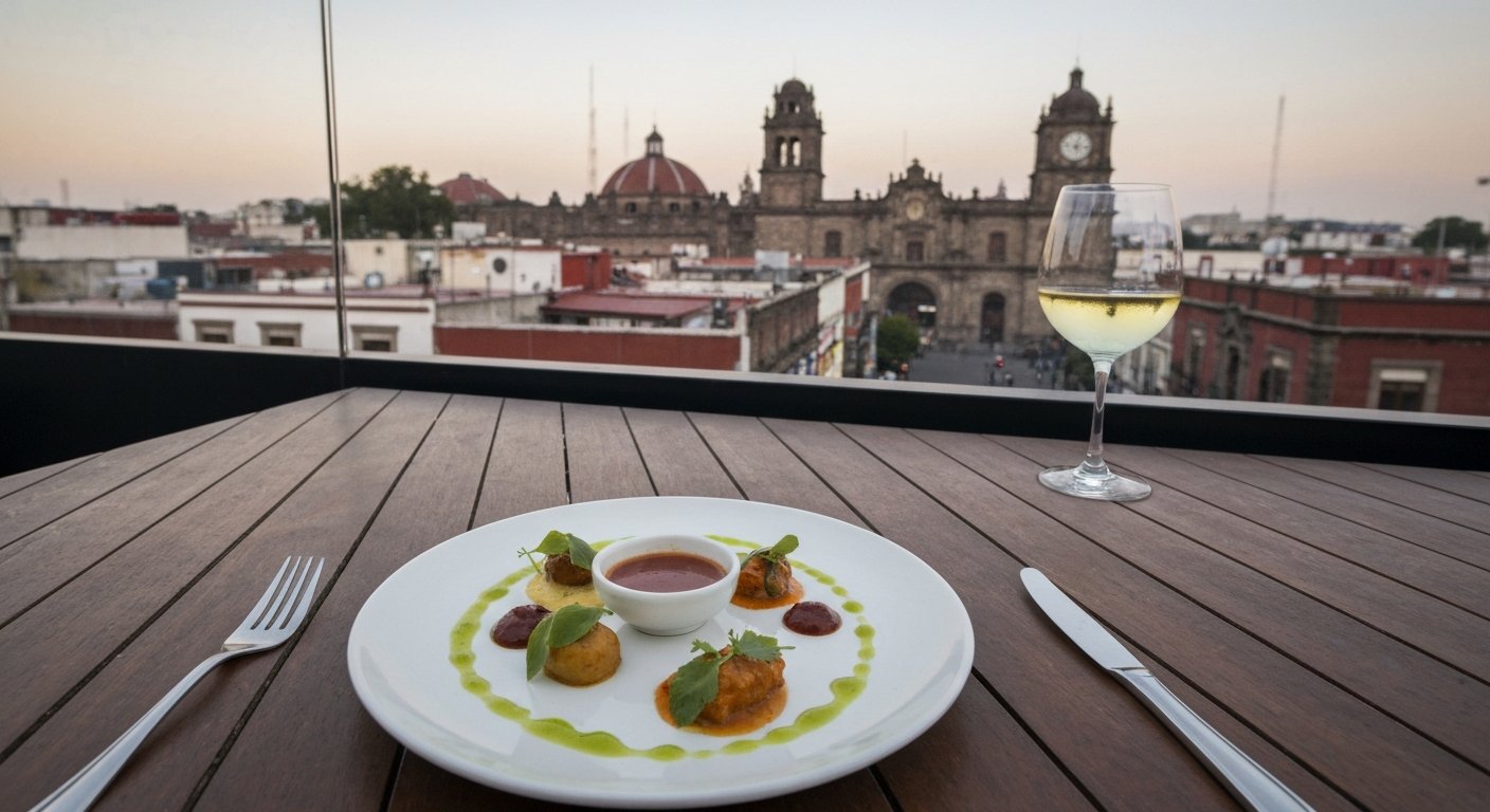 a plated seasonal tasting dish at Esquina Común on a rooftop table, evening light catching herbs and sauces with Condesa rooftops beyond