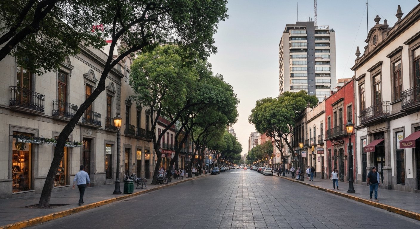 broad, tree-shaded Polanco street with low-rise mansions and modern apartment towers at late-afternoon light