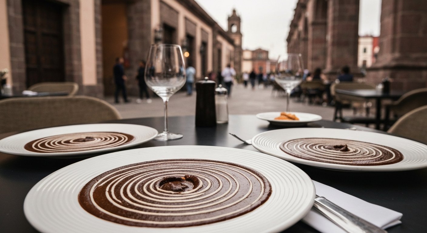 plated Pujol mole madre served in concentric rings on a dark table, fine-dining room softly lit