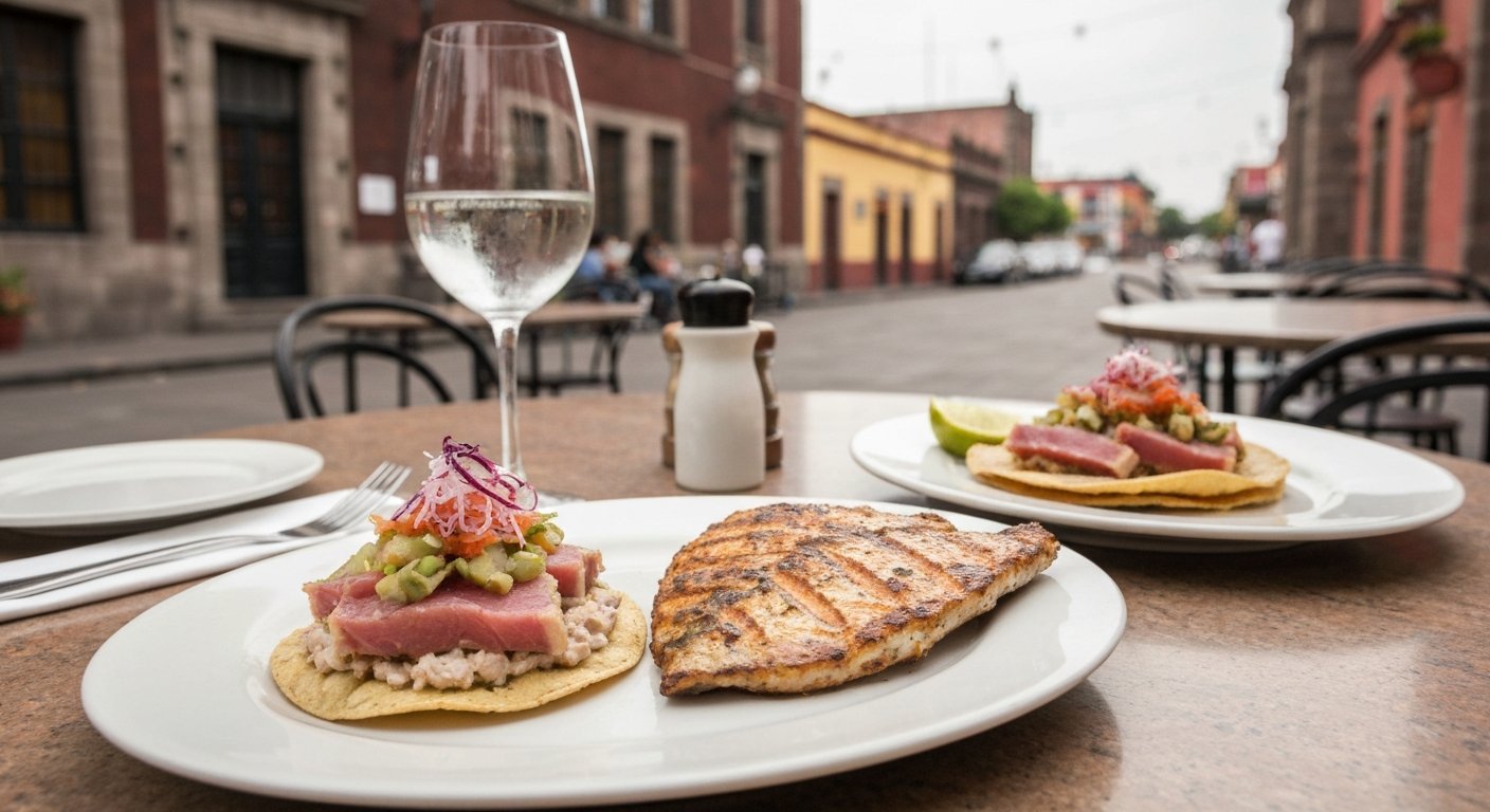 tuna tostada and grilled fish at Entremar, bright plated seafood on a polished dining table