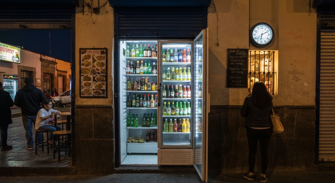 the hidden entrance to Jules Basement, a refrigerator door inside a taqueria opening into a speakeasy at night