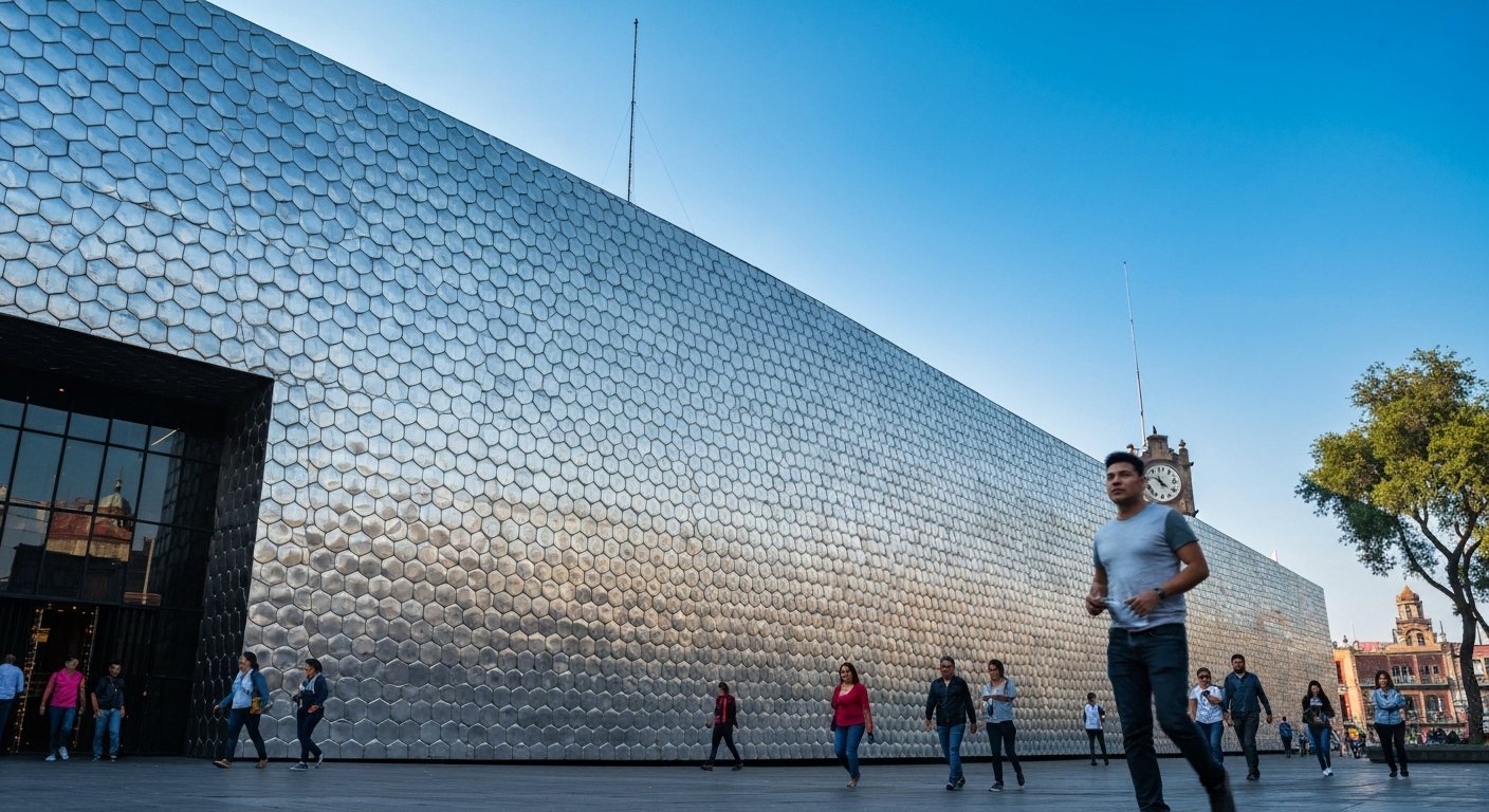 Museo Soumaya’s silver hexagonal-tile facade in Plaza Carso, shot from below against blue sky