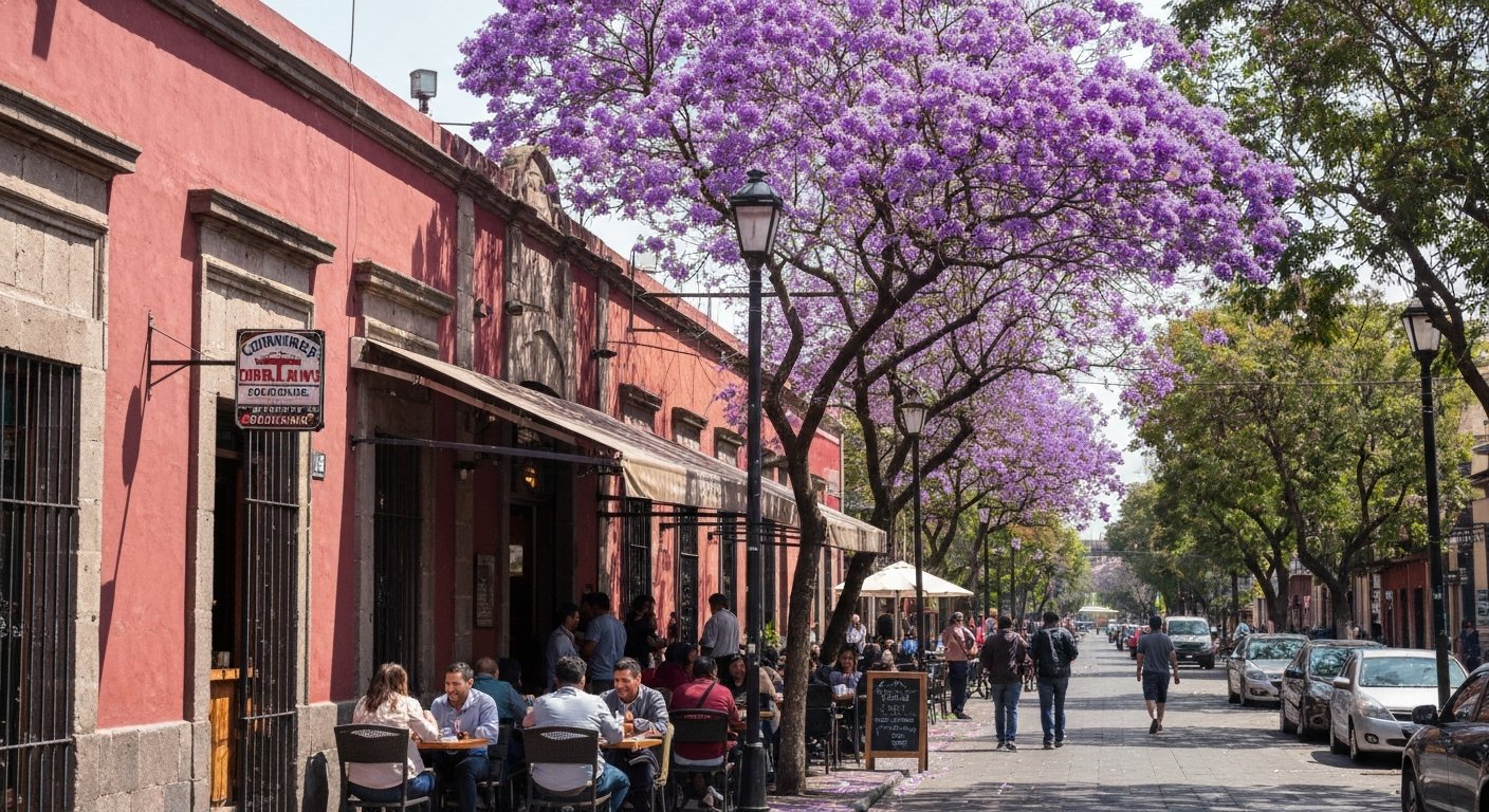 Contramar op Durango 200 tijdens de lunch, met eters in de rij onder schaduw van jacaranda en een bruisende straat voor de service