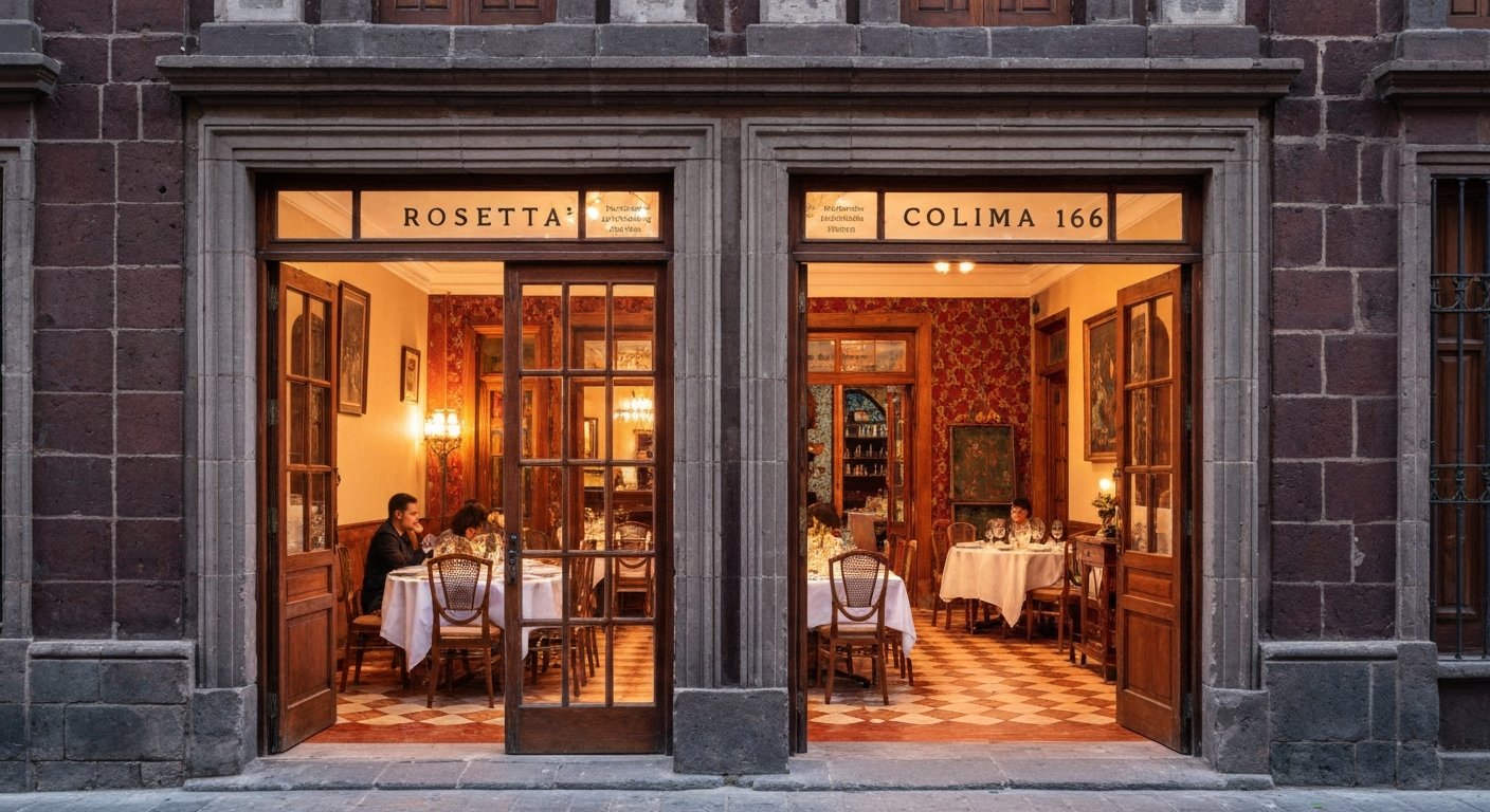 Rosetta's gerestaureerde jaren 1920 herenhuis op Colima 166, met warm interieurlicht en een elegante eettafel achter de gevel