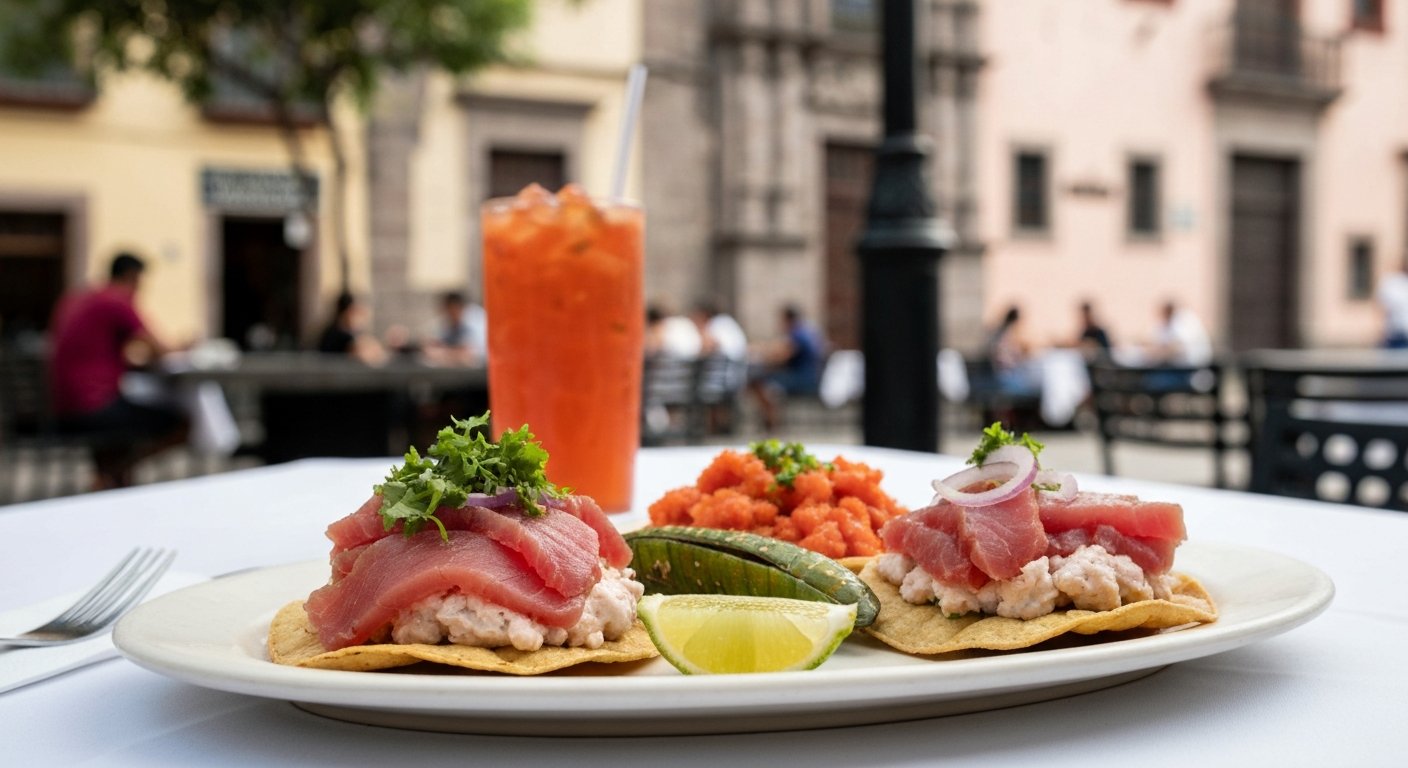 een bord tonijn-tostadas en rood-groene pescado a la talla bij Contramar, felle zeevruchtenkleuren tegen een wit tafelkleed