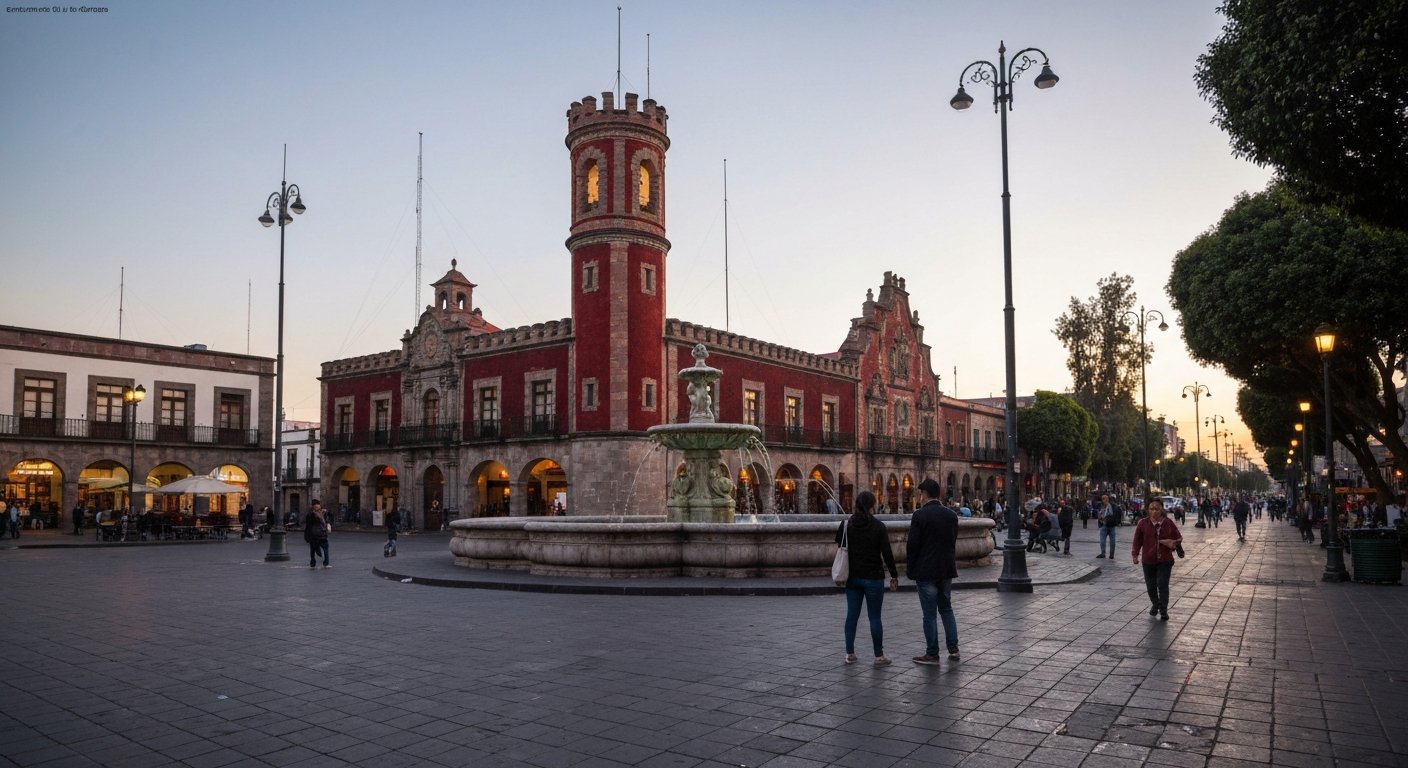 Plaza Río de Janeiro in de late namiddag, met de David-fontein gecentreerd en Casa de las Brujas' rode bakstenen torengevel die over de hoek uittorent