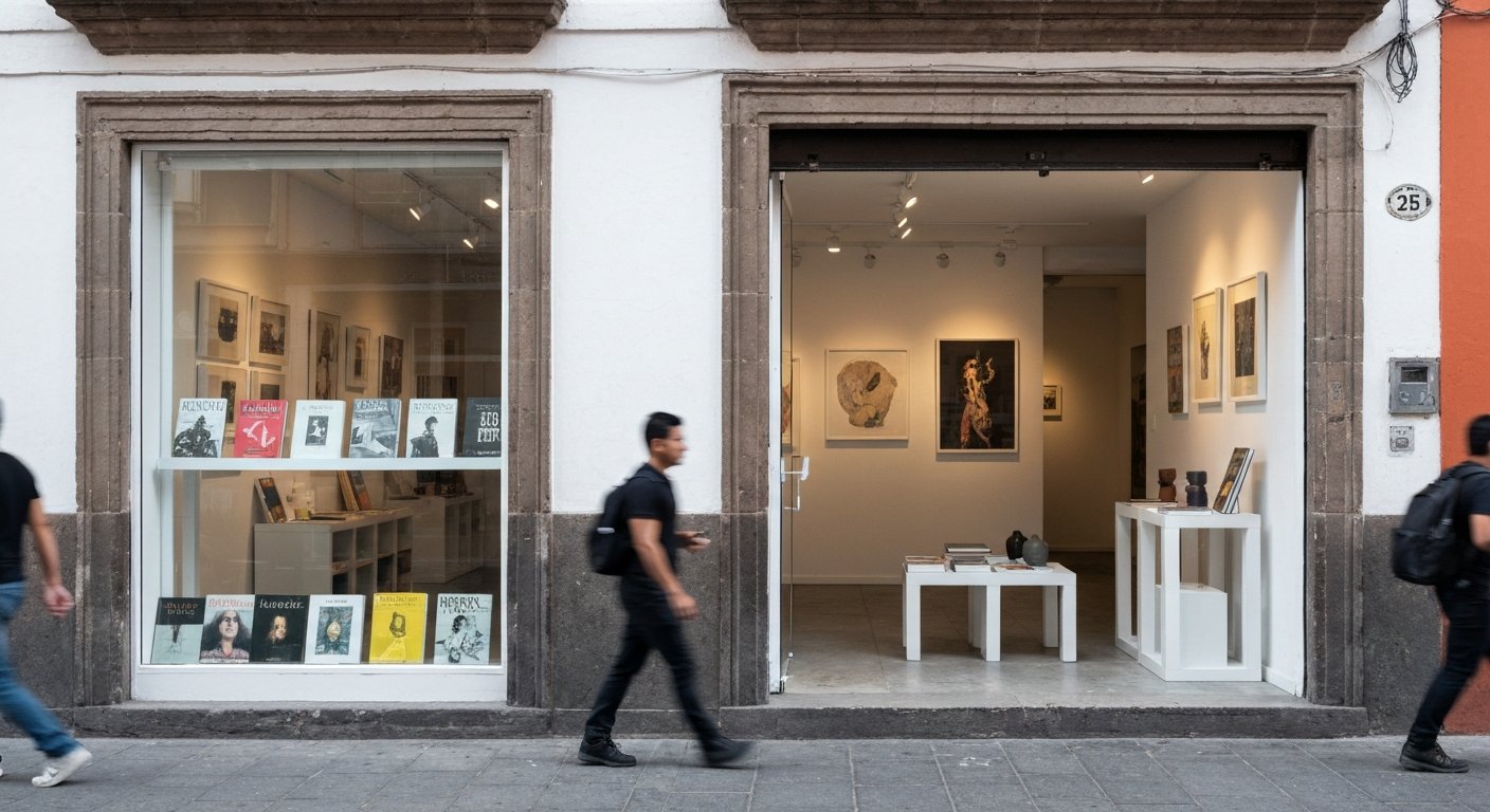 Casa Bosques op Córdoba 25, met een minimalistische winkelpui, kunstboeken in de etalage en designobjecten gerangschikt als een kleine galerij