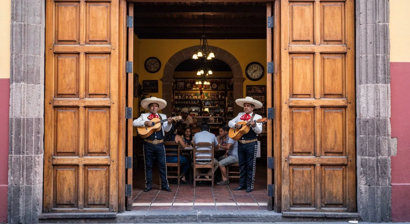 the swinging wooden doors and bustling interior of La Coyoacana on Higuera 14, with mariachis playing near a crowded table